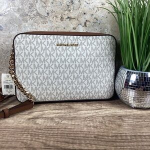 MICHAEL KORS JET SET CROSSBODY BAG‎ PRINTED LOGO VANILLA TAN SHOULDER PURSE